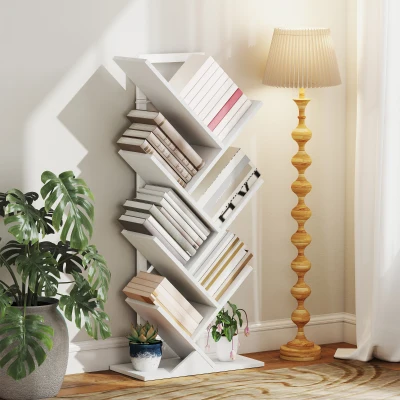 HOMCOM Estante em Forma de Árvore de 7 Níveis Estante de Livros com 7 Prateleiras e Estrutura de Aço  50x24x109 cm Branco