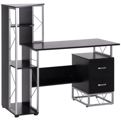 HOMCOM Bureau informatique design industriel 133L x 155l x 123H cm multi-rangements bibliothèque 3 étagères + 2 tiroirs MDF métal MDF noir