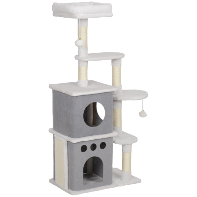 PawHut Rascador para Gatos 126 cm Torre para Gatos con Nidos Plataformas Bolas Colgantes y Postes de Sisal Crema