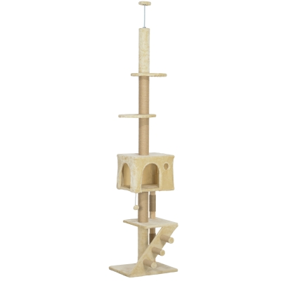 PawHut Árbol para Gatos de Suelo a Techo de 225-255 cm con Altura Ajustable Múltiples Plataformas Escalera Bola Colgante Beige