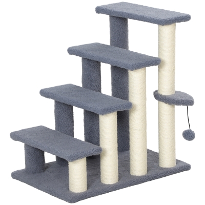 PawHut Escalera para Gatos de 4 Niveles Cubierto de Suave Felpa Poste de Sisal Bola Colgante 60x40x64 cm Gris