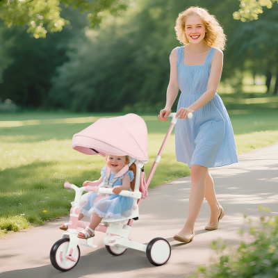 AIYAPLAY Tricycle Enfant 5 en 1 Barre Poussée Capote Amovible Rose