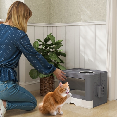 PawHut Arenero para Gatos Cubierto con Pala Cepillo 2 Puertas Entrada Principal y Salida Superior 48,5x38x36,5 cm Gris