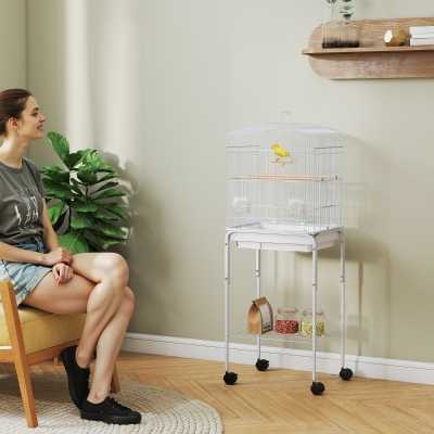 PawHut Bird Cage with Stand Wheels Tray Shelf, White