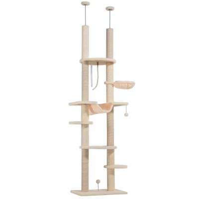 PawHut Árbol para Gatos de Suelo a Techo 225-255 cm con Hamacas Plataformas Juguete de Cuerda Bola de Juguete Beige y Gris