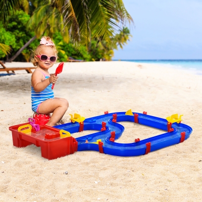 HOMCOM Juego de Agua para Niños Pista de Agua Set de 53 Piezas Juguete de Agua Aprendizaje para 3-6 Años Jardín Exterior Mesa de Agua Infantil Diversión Acuática Plástico Azul+Rojo 123 x 90 x 7 cm