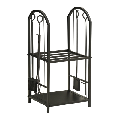 Suport lemne pentru șemineu cu 2 rafturi din metal, negru