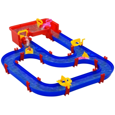 HOMCOM Juego de Agua para Niños Pista de Agua Set de 53 Piezas Juguete de Agua Aprendizaje para 3-6 Años Jardín Exterior Mesa de Agua Infantil Diversión Acuática Plástico Azul+Rojo 123 x 90 x 7 cm