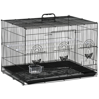 PawHut Jaula para Pájaros 60x41x41 cm Pajarera de Metal con Comederos 2 Perchas 3 Puertas y Asa de Transporte para Pájaros Pequeños Canarios Cotorras Negro