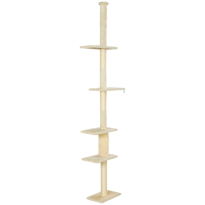 PawHut Árbol para Gatos de Suelo a Techo 225-275 cm Torre para Gatos con Múltiples Plataformas Sistema de Antivuelco Crema