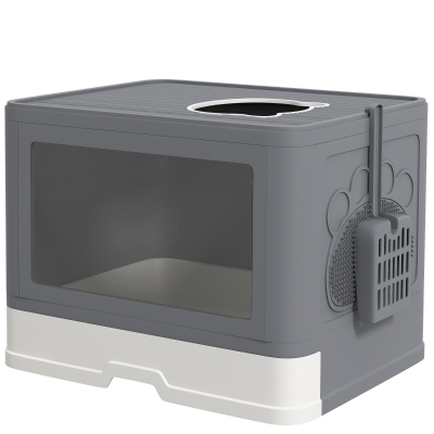 PawHut Arenero para Gatos Cubierto con Pala Cepillo 2 Puertas Entrada Principal y Salida Superior 48,5x38x36,5 cm Gris