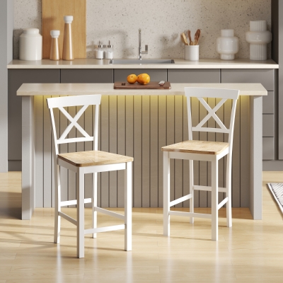 HOMCOM Set de 2 Taburetes de Bar con Respaldo y Reposapiés, Madera de Caucho, para Cocina, Comedor, Bar, Roble+Blanco