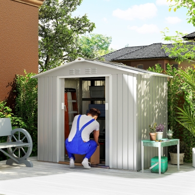 Outsunny Abrigo de Jardim 2,42 m 213x130x185 cm Abrigo de Jardim Metálico para Armazenamento com 2 Portas Deslizantes e 4 Janelas Cinza Claro