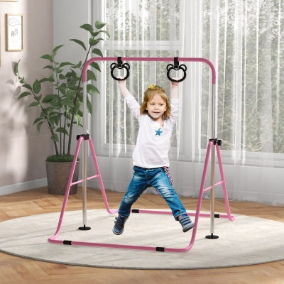 HOMCOM Barra de Gimnasia para Niños con Altura Ajustable en 5 Niveles y Anillos Entrenamiento de Gimnasia Plegable en Casa Rosa