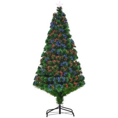 HOMCOM Künstlicher Weihnachtsbaum 150 cm mit Glasfaser künstlich Tannenbaum mit LED Beleuchtung, 180 Spitzen Christbaum Weihnachtsdeko inkl. Metallständer für drinnen