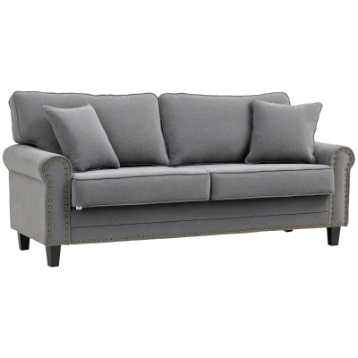 HOMCOM Sofá de 3 Plazas con Tachuelas Oro Envejecido Tapizado en Poliéster con 2 Cojines Decorativos 196x80,5x89 cm Gris
