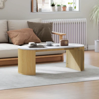 HOMCOM Table Basse Ovale Effet Marbre Blanc 110x50x40 cm