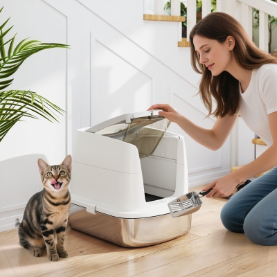 PawHut Katzentoilette Edelstahl, geschlossene Katzentoilette mit Schaufel, Geruchsbeutel, Einstieg Ausgang