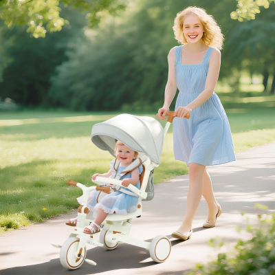 AIYAPLAY Kinder-Dreirad, wandelbarer Baby-Buggy, 5-in-1 Design, abnehmbarer Schiebegriff, verstellbar, Sicherheitsgurt, Aufbewahrungstasche, 1-3 Jahre, Cremeweiß