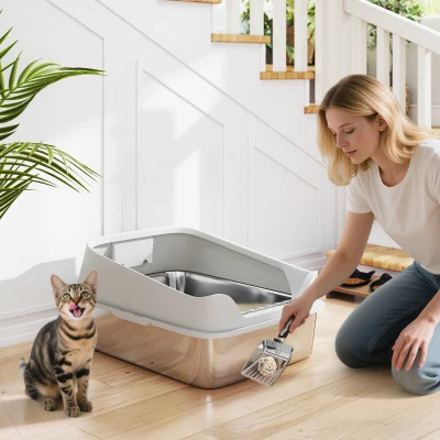 PawHut Caixa de Areia para Gatos em Aço Inoxidável XXL com Borda Alta Pá Fácil de Limpar À Prova de Fugas 70x50x30 cm Cinzento