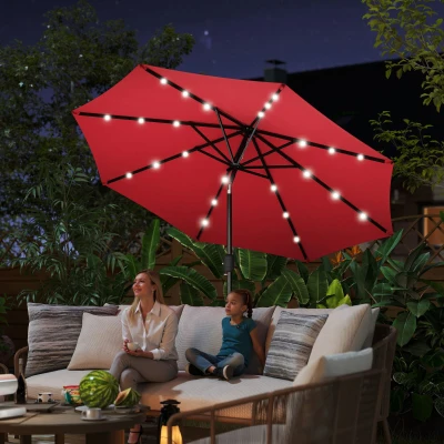 Outsunny Ombrellone Angolazione Regolabile con Luci LED Multicolore da Giardino, in Metallo e Poliestere, Φ275x233 cm, Rosso