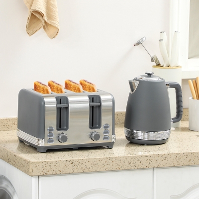 HOMCOM Stainless Steel Kettle & 4-Slice Toaster Set Grey