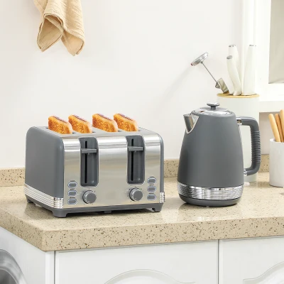 HOMCOM Stainless Steel Kettle & 4-Slice Toaster Set Grey