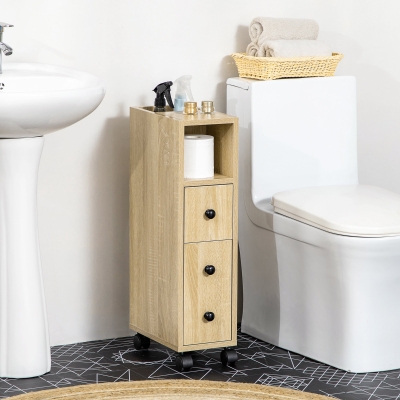 kleankin Armario de Baño con Ruedas Mueble Auxiliar para Baño con Estante Abierto Puerta y Cajón 18x30x68,5 cm Roble