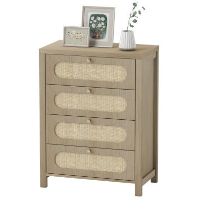HOMCOM Kommode 4 Schubladen Aufbewahrungsmöbel im Bohème-Stil mit Türen aus geflochtenem Harz, 70 x 38 x 93 cm, Naturholzoptik