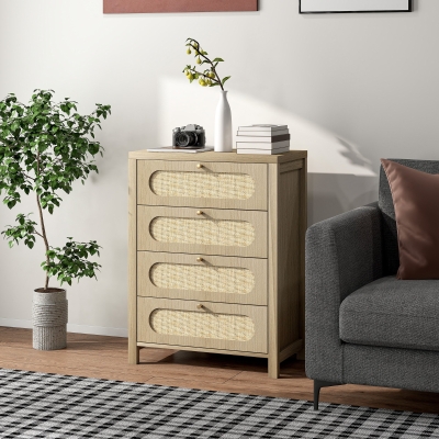 HOMCOM Kommode 4 Schubladen Aufbewahrungsmöbel im Bohème-Stil mit Türen aus geflochtenem Harz, 70 x 38 x 93 cm, Naturholzoptik