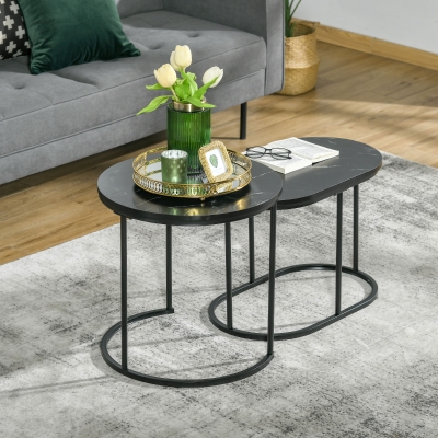 HOMCOM Set 2 Tavolini Bassi Effetto Marmo in MDF e Acciaio Nero