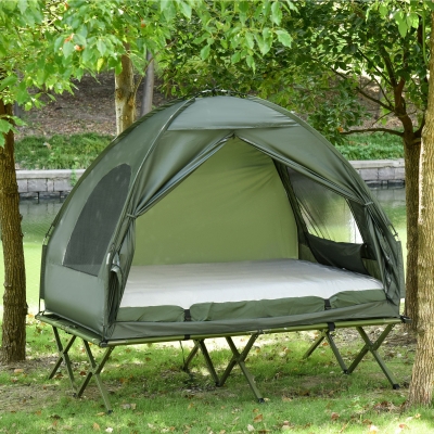 Outsunny Cama Doble de Camping Plegable con Tienda de Campaña 4 en 1 Cama de Campamento Elevada con Colchón Hinchable y Bolsa de Transporte Tela Oxford Acero 193x145x180 cm Verde