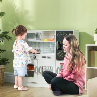AIYAPLAY Cocina para Niños de +3 Años con Accesorios para Cocinar Pizarra Máquina de Hielo y Teléfono 83,8x26,8x81 cm Blanco