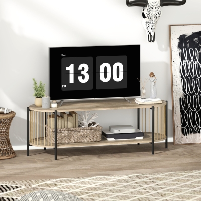 HOMCOM Mueble de TV Estilo Bohemio hasta 55 Pulgadas con Diseño en Cuerda de Papel y 2 Estantes Abiertos 124x43,5x41 cm Natural