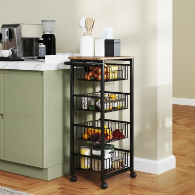HOMCOM Carrello Cucina con 4 Cestini, Ruote e Freni Rovere