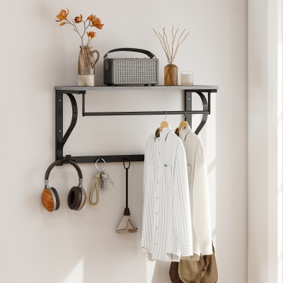 HOMCOM Perchero de Pared Montado, Ganchos para Ropa, 5 Ganchos, estante superior, versátil, Gris