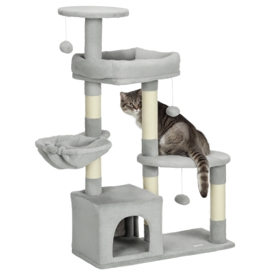 PawHut Arranhador para Gatos com Postes Arranhadores de Sisal Cova Plataformas e Bolas Suspensas 65x30x104 cm Cinzento Claro