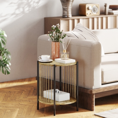 HOMCOM Mesa Auxiliar Redonda de 2 Niveles con Estante y Estructura de Acero para Salón Dormitorio 43,5x43,5x51 cm Natural