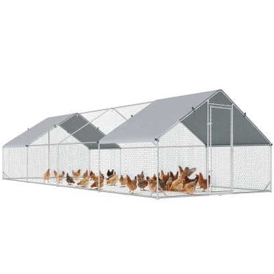 PawHut Pollaio da Giardino con Telaio Zincato, Copertura Impermeabile e Rete Esagonale, 3x8x2m, Argento