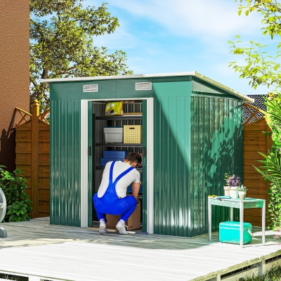 Outsunny 7x4ft Metal Garden Shed Green with Foundation Kit