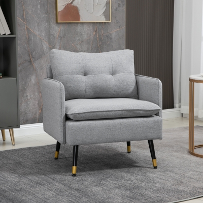 HOMCOM Button-Tufted Scandinavian Armchair in Fabric 76 x 68 x 80 cm Light Gray with Black and Gold Metal Legs