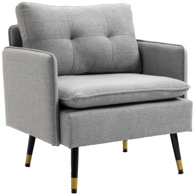 HOMCOM Button-Tufted Scandinavian Armchair in Fabric 76 x 68 x 80 cm Light Gray with Black and Gold Metal Legs