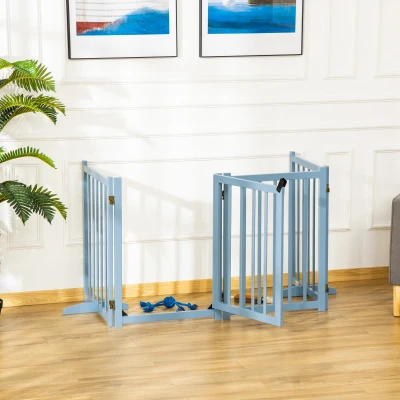 PawHut Pet Gate Wooden Foldable Dog Safety Barrier w/ 4 Panels for Small and Medium Dogs Blue