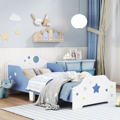 HOMCOM Toddler Bed Frame Blue with Guardrails