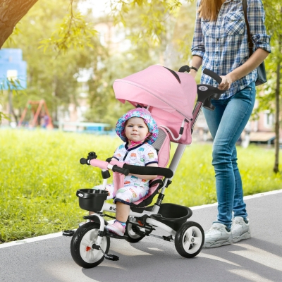 HOMCOM 6-in-1 Kinderdreirad mit Schiebestange, Dach, Gurt, Ablagekorb, 18+ Monate, Rosa