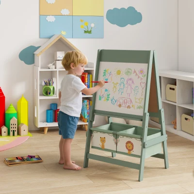 AIYAPLAY Kinder-Malereiständer 3-in-1 Malereiständer für Kinder mit doppelter Tafel und Papierrolle und Körben Grün