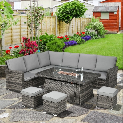 Outsunny 7-Piece Rattan Garden Sofa Set with Fire Pit Grey