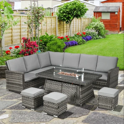 Outsunny 7-Piece Rattan Garden Sofa Set with Fire Pit Grey