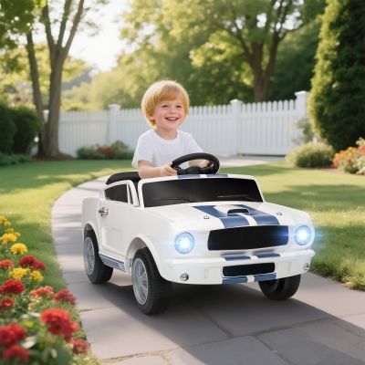 AIYAPLAY Coche Eléctrico para Niños 12V Vehículo Infantil con Control Remoto 2.4 GHz, 2 Motores Claxon, Luces LED, Música. Blanco