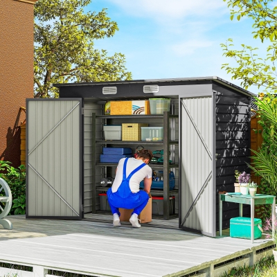 Outsunny Caseta de Jardín Exterior 2,7m² 249x121x183 cm con Doble Puerta 2 Ventilaciones y Pestillo Gris